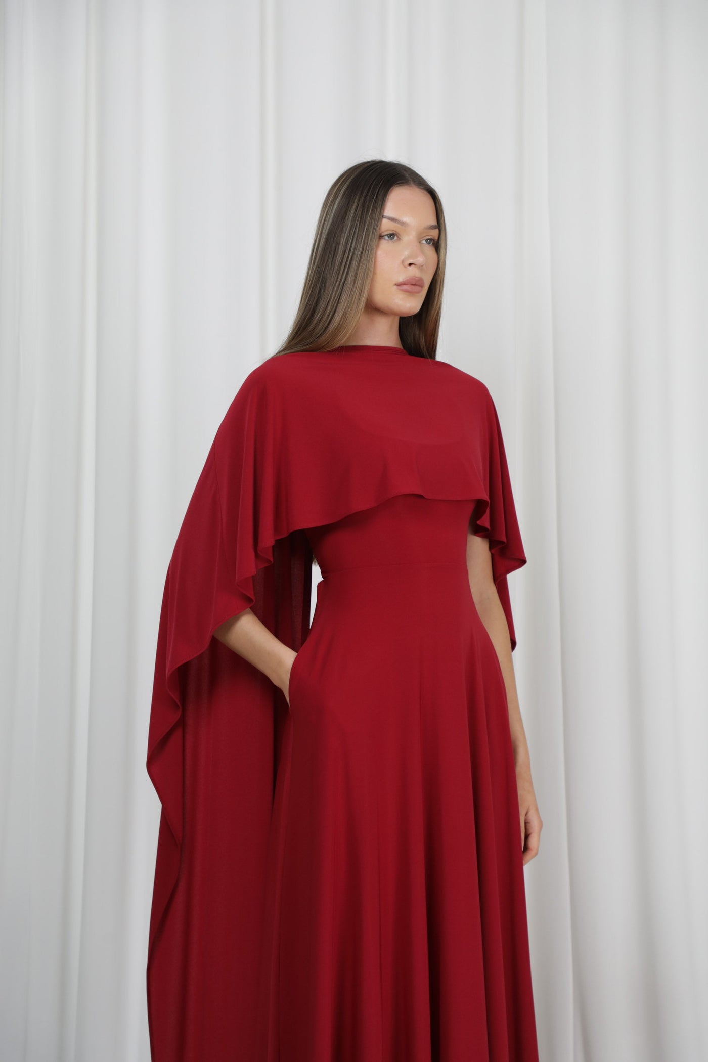 Long Drape Cape – Merlot Red Studio Sample