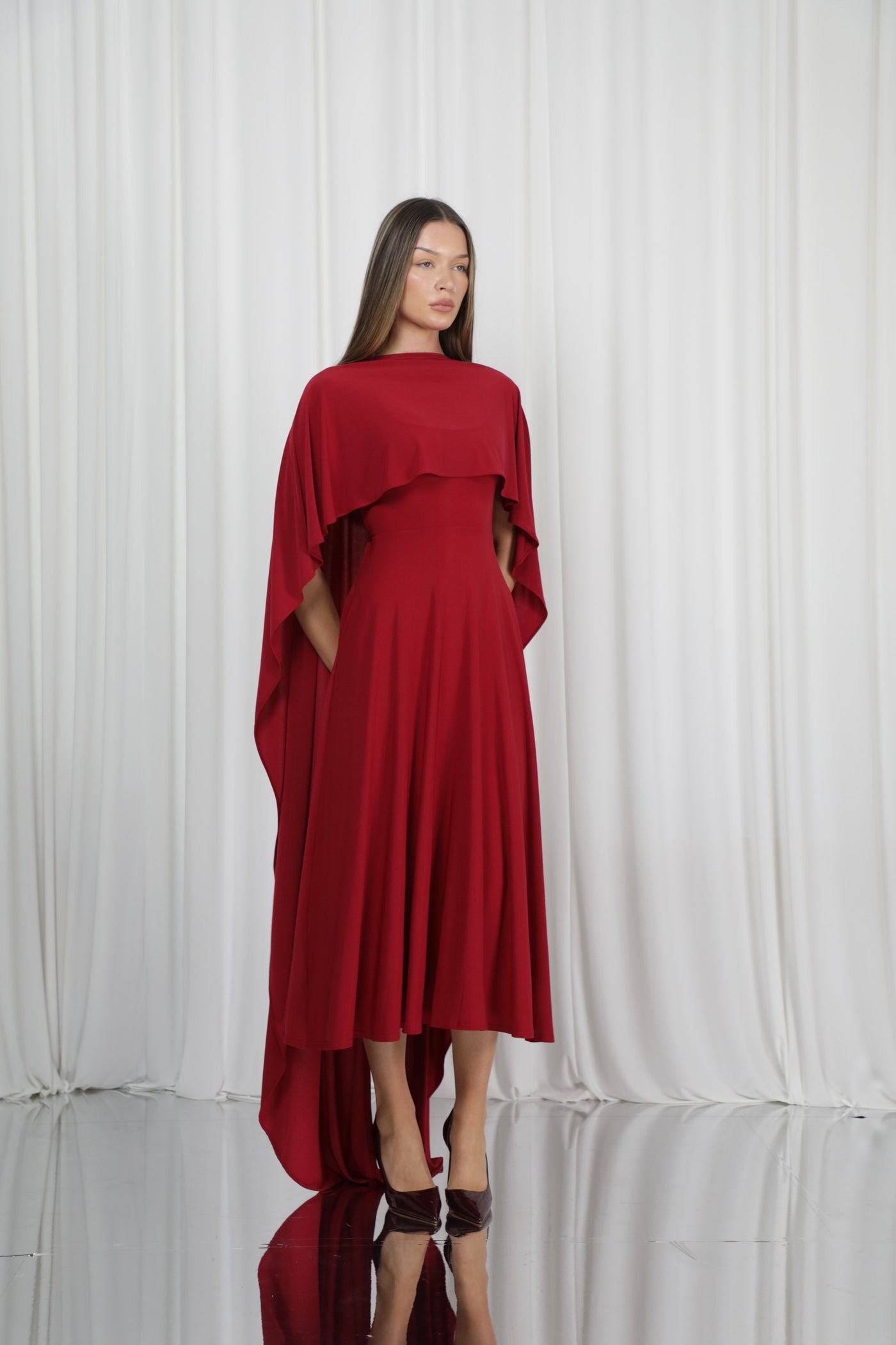 Long Drape Cape – Merlot Red Studio Sample