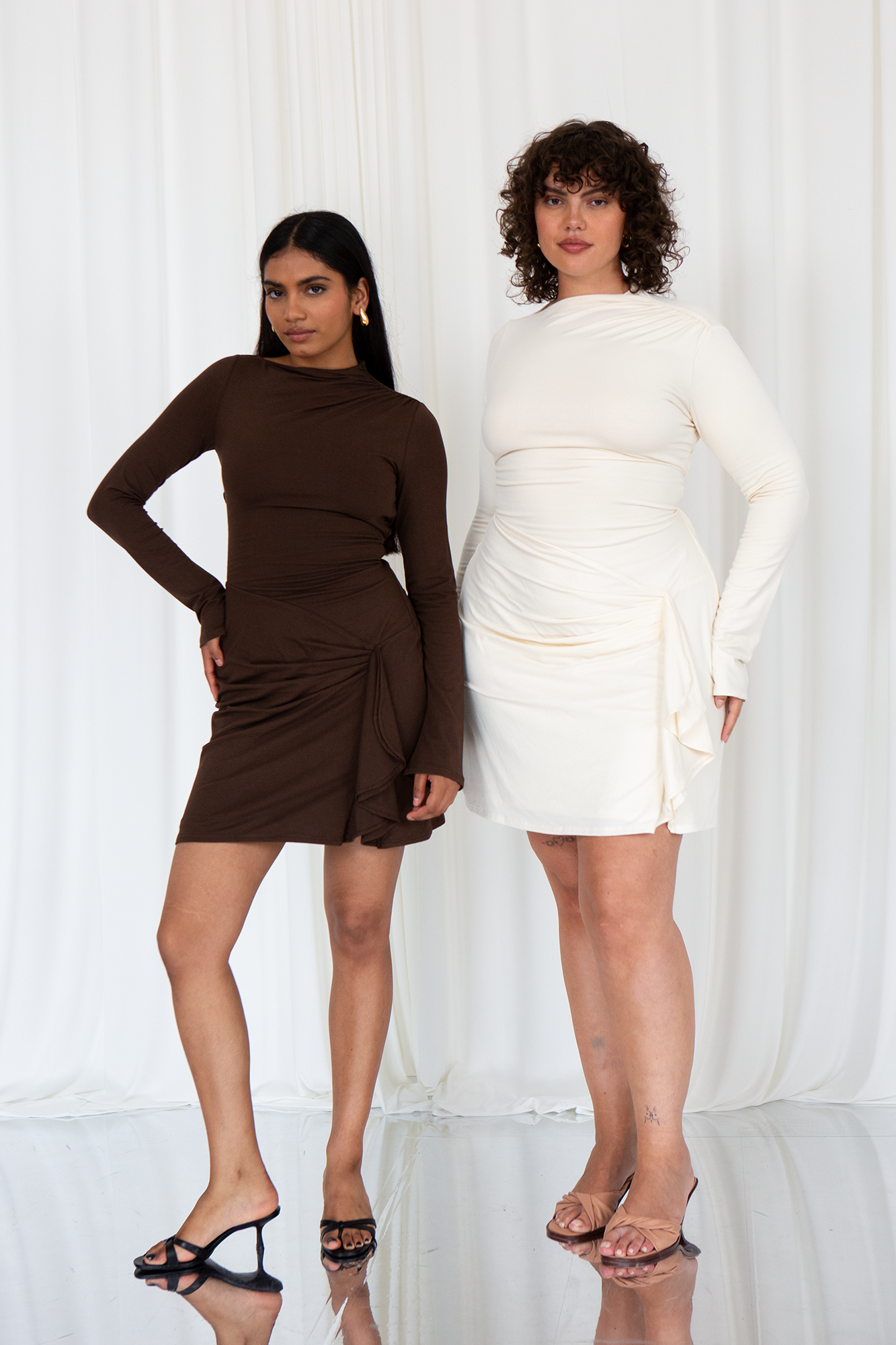Edna Long Sleeve Gathered Mini Dress with Adjustable Waist