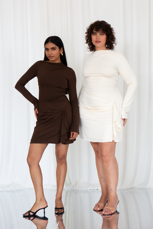 Edna Long Sleeve Gathered Mini Dress with Adjustable Waist