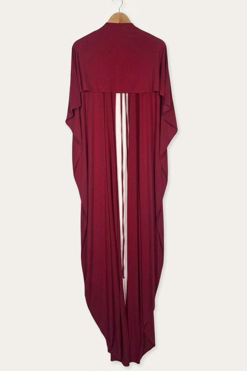 Long Drape Cape – Merlot Red Studio Sample