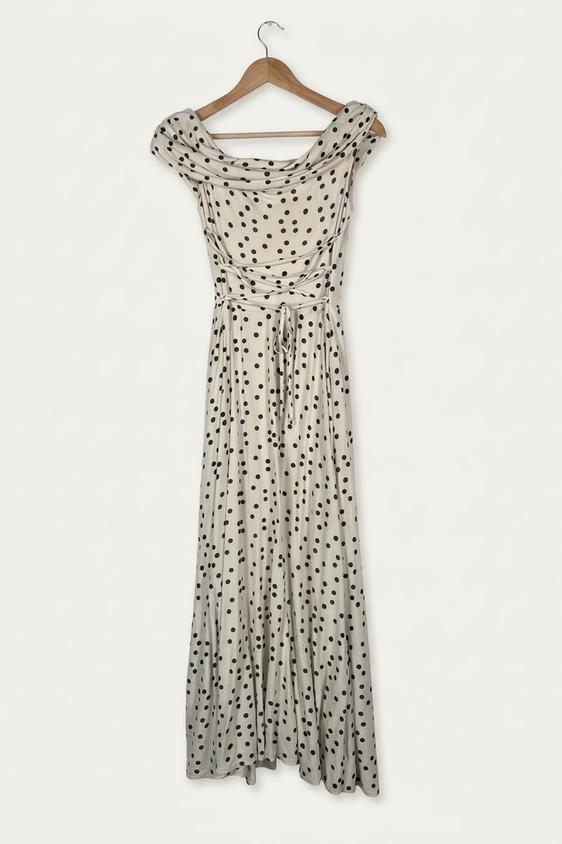 Penelope Bardot Maxi Dress – Soft Polka Dot Studio Sample