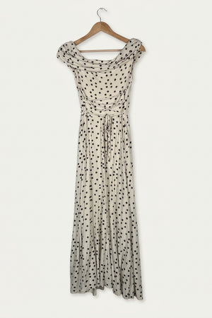 Penelope Bardot Maxi Dress – Soft Polka Dot Studio Sample