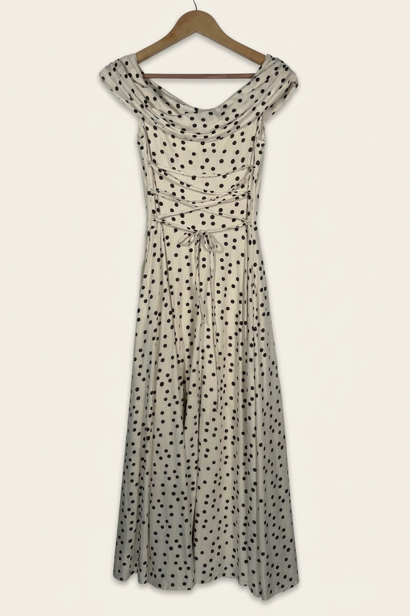 Penelope Bardot Maxi Dress – Soft Polka Dot Studio Sample