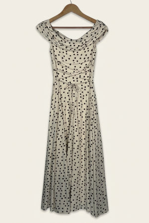 Penelope Bardot Maxi Dress – Soft Polka Dot Studio Sample