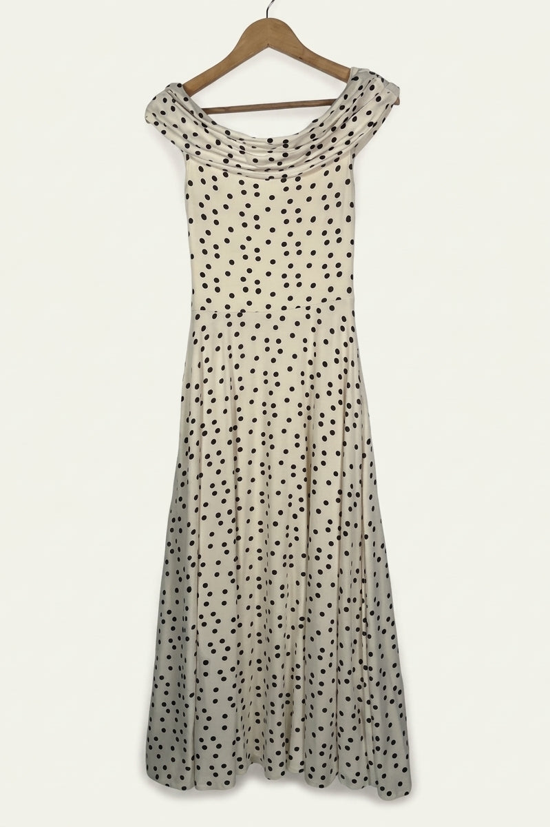 Penelope Bardot Maxi Dress – Soft Polka Dot Studio Sample