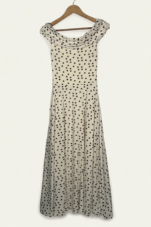 Penelope Bardot Maxi Dress – Soft Polka Dot Studio Sample