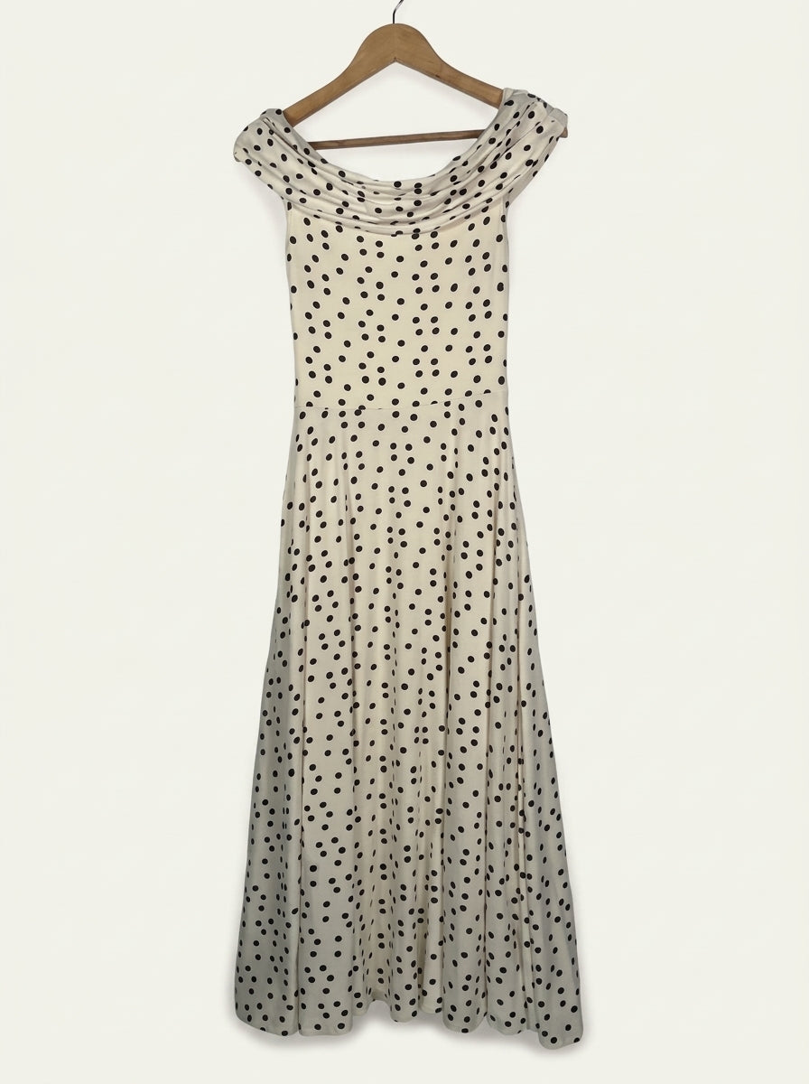 Penelope Bardot Maxi Dress – Soft Polka Dot Studio Sample