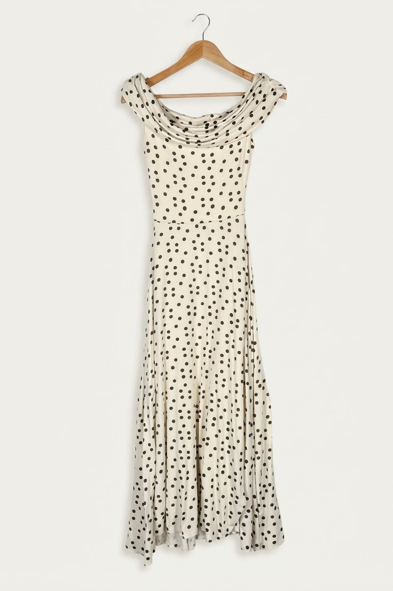 Penelope Bardot Maxi Dress – Soft Polka Dot Studio Sample
