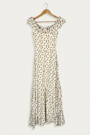 Penelope Bardot Maxi Dress – Soft Polka Dot Studio Sample