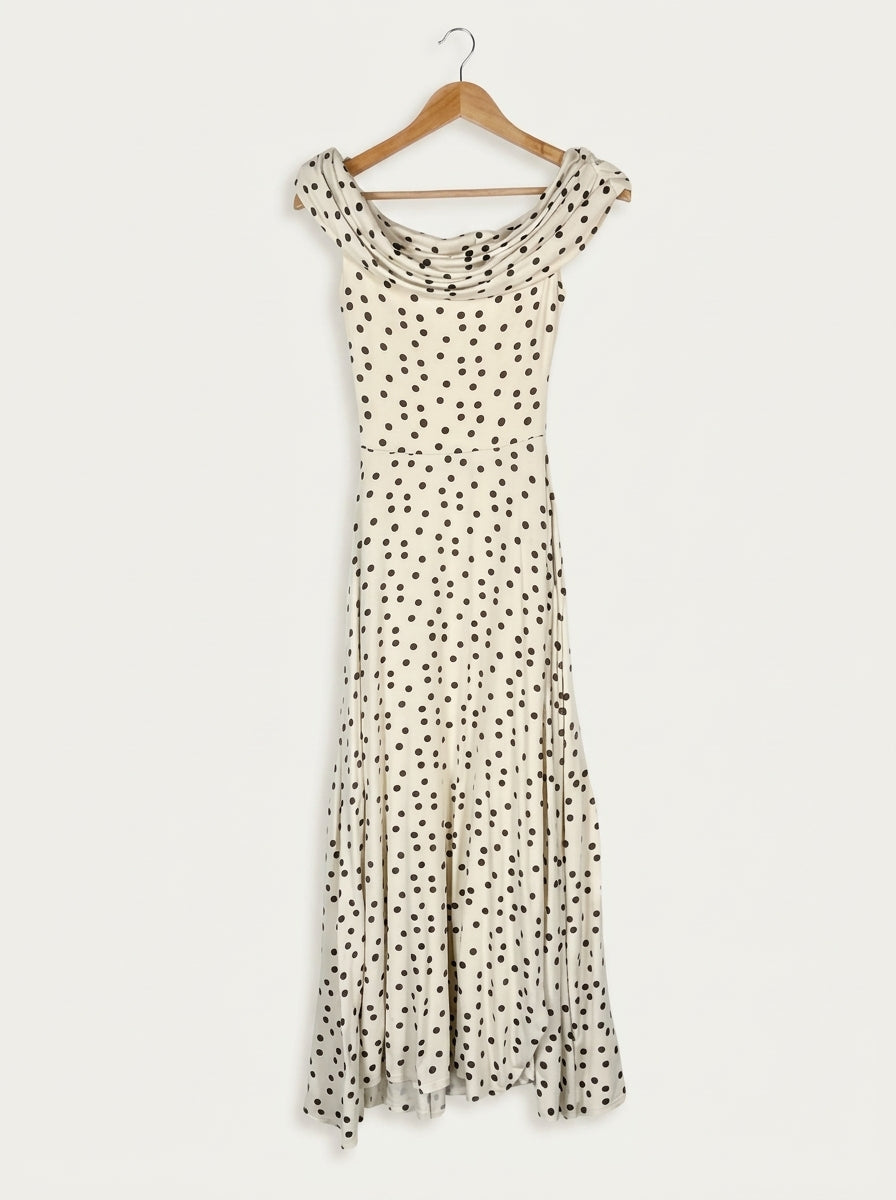 Penelope Bardot Maxi Dress – Soft Polka Dot Studio Sample